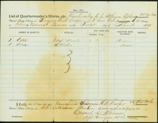Liste der von Atkinson an Chirurg H. A. Cooper, 23. Missouri Freiwillige Infanterie, übertragenen Vorräte